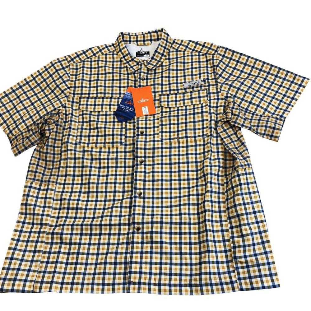 Habit Fishing Shirt Mens XL Navy Mustard Plaid Coastal Village Solar UPF 50 NWT